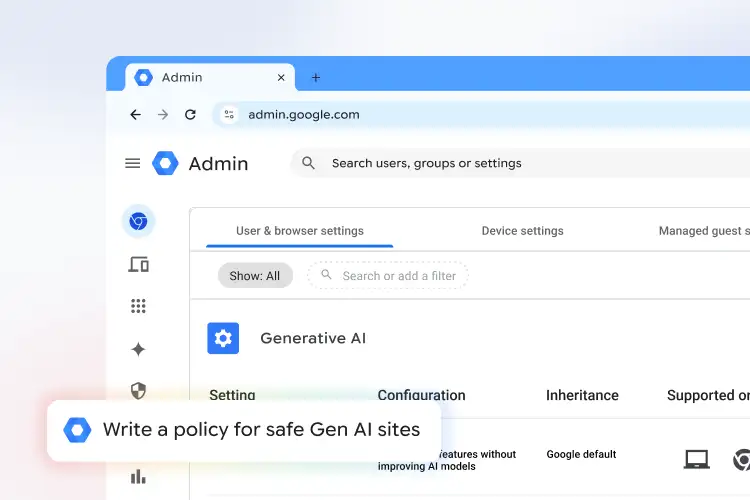 Google Admin console interface showing a pop-up prompt to write a policy for safe Generative AI sites.