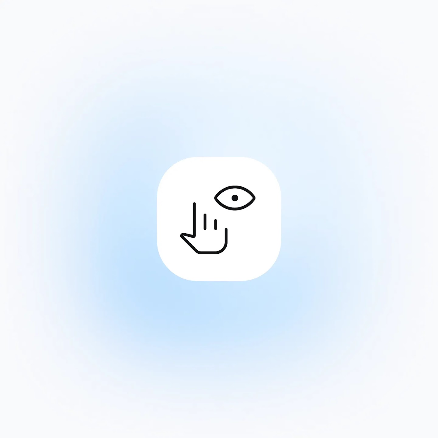 A minimalist icon featuring an eye and a pointing hand inside a rounded square, set against a soft blue gradient background.