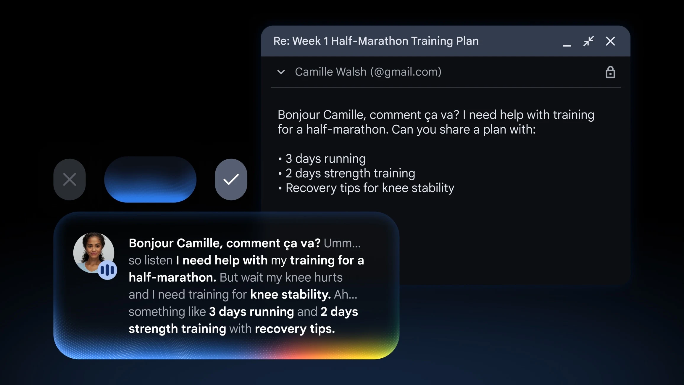 A Rambler speech-to-text prompt converting spoken thoughts into a formatted email draft on screen.