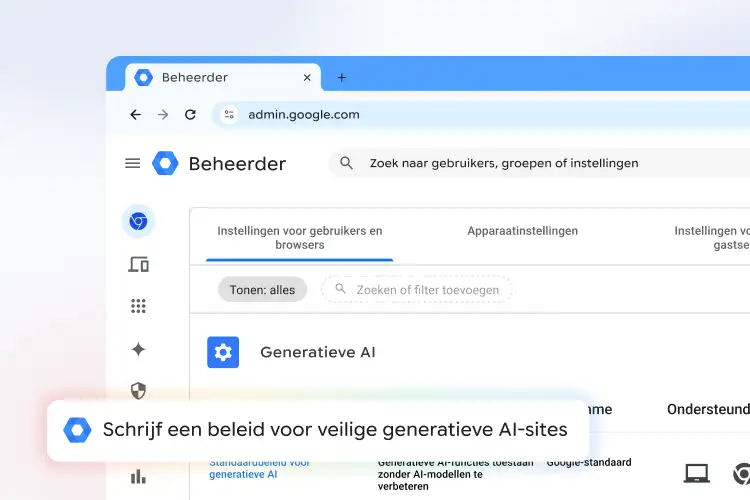 Interface van de Google Beheerdersconsole met een pop-upprompt om een beleid te schrijven voor beveiligde sites met generatieve AI.
