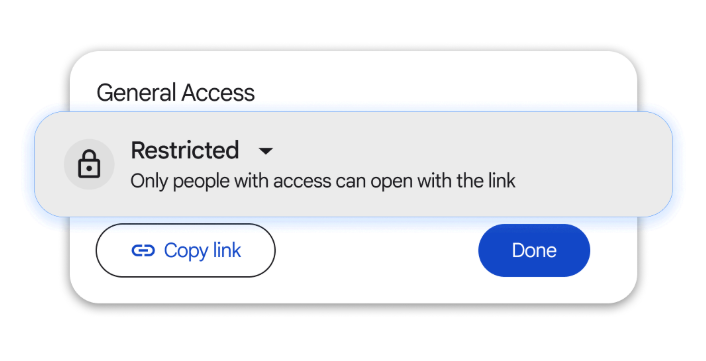 The Google Drive share dialog box showing the "General access" section highlighted in blue, indicating the file is set to "Restricted."