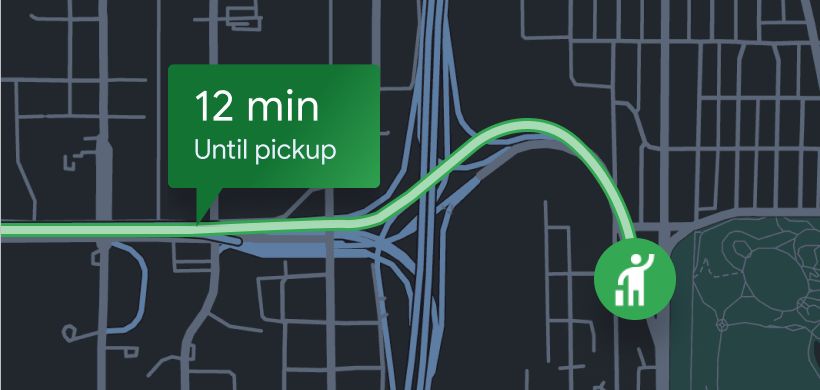 Dark map interface showing a green route with a '12 min Until pickup' bubble and a passenger icon.