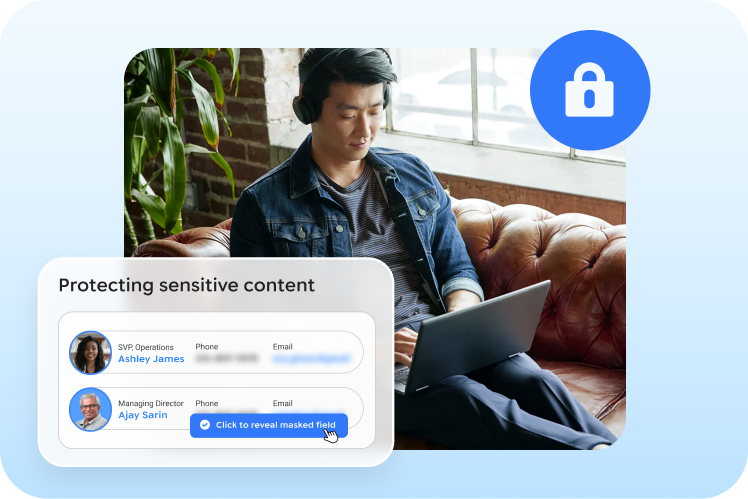 Man wearing headphones works on a laptop while contact information is protected, with a lock icon symbolizing security.