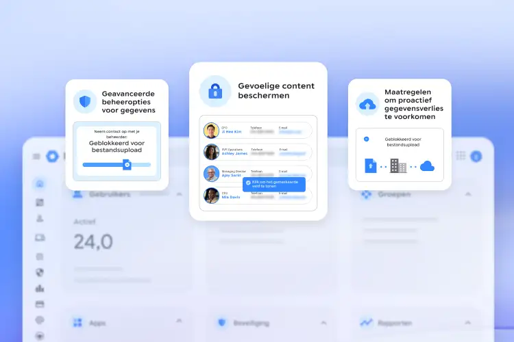 Dashboard met geavanceerde opties voor gegevensbeheer, beveiligde gevoelige content met contactgegevens en proactief voorkomen van gegevensverlies.