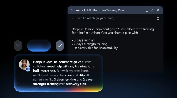 A Rambler speech-to-text prompt converting spoken thoughts into a formatted email draft on screen.