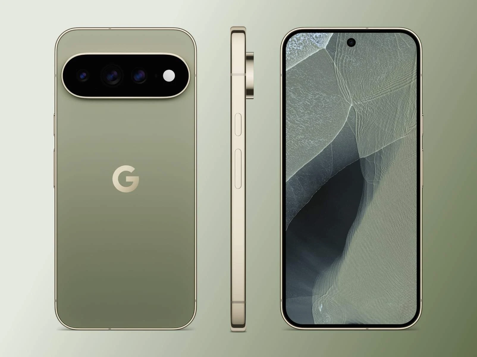 Back, side and front view of a Pixel 11 Pro XL  in Olive.