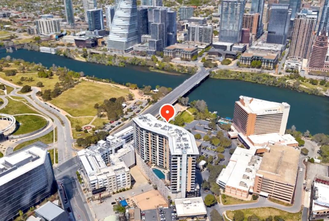 3D birds-eye view of a skyscraper.
