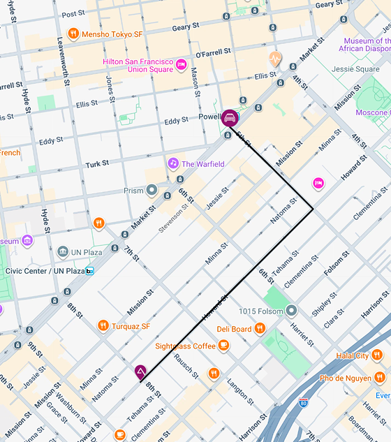 Map of San Francisco with a driving route marked from 5th Street onto Howard Street, ending at 8th Street.