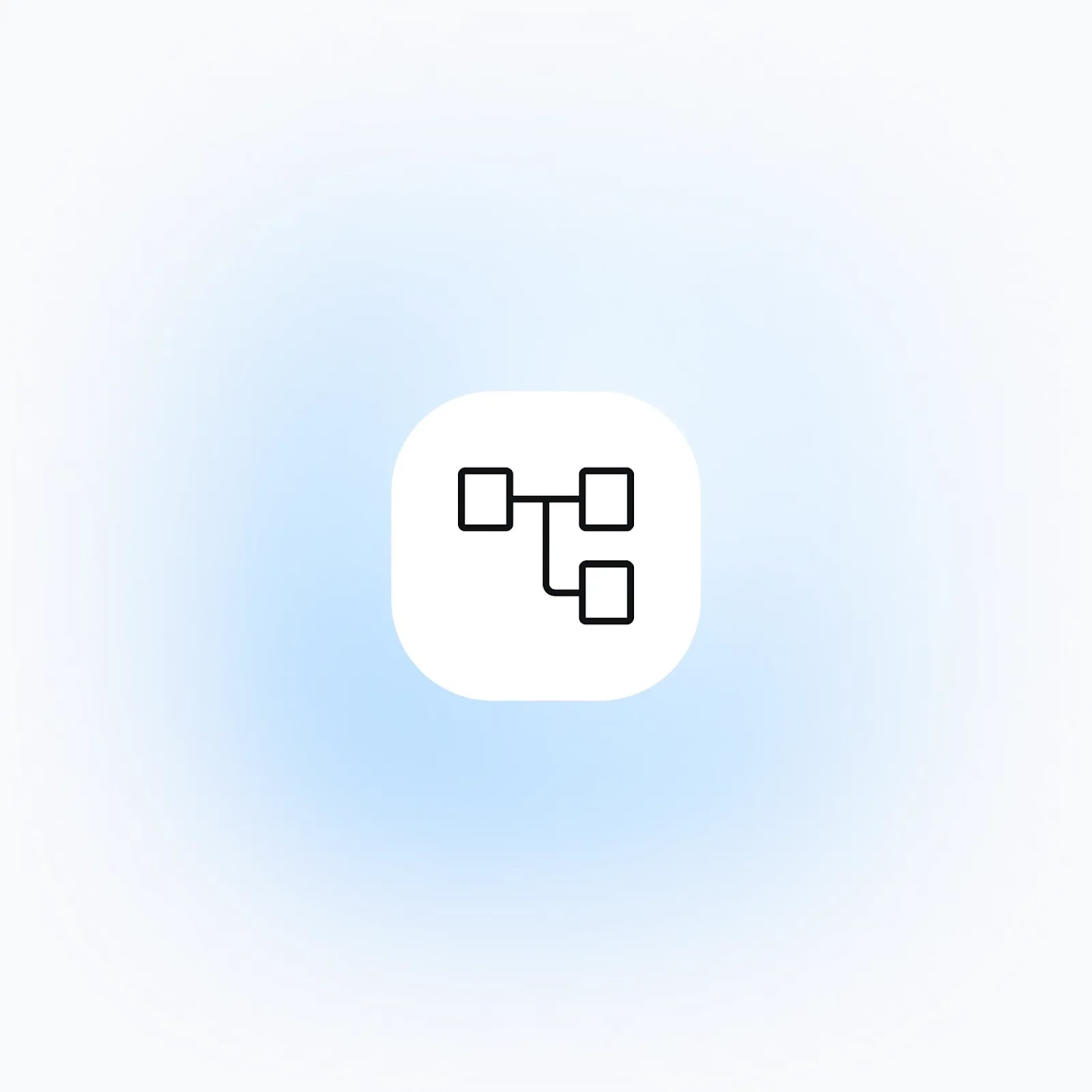 A minimalist icon featuring three small squares connected by a branching line inside a rounded white square, set against a soft blue gradient background.
