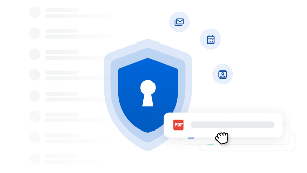 A blue security lock graphic with icons for email, images, and calendar floating around it. A cursor drags a PDF document icon.