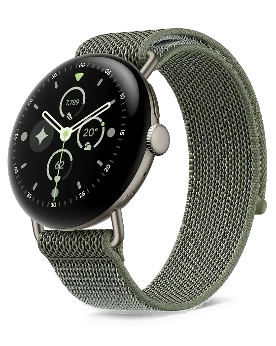 A Google Pixel Watch 5 in olive green.