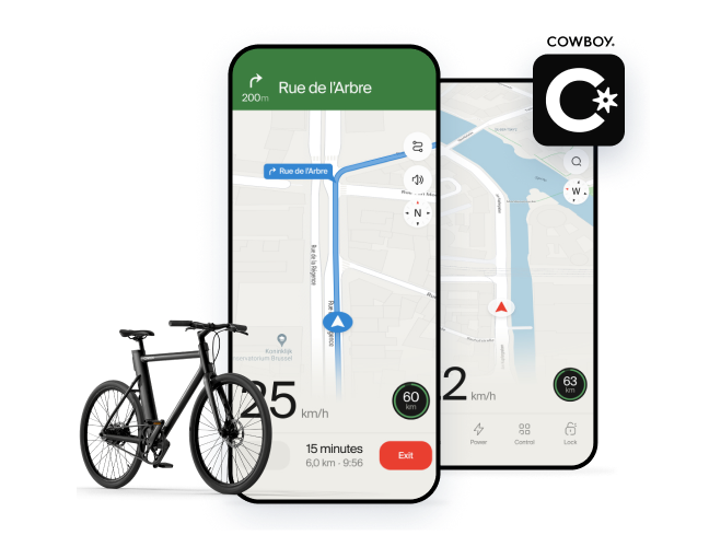 Black Cowboy electric bike next to smartphone screens showing its integrated navigation and ride tracking app.