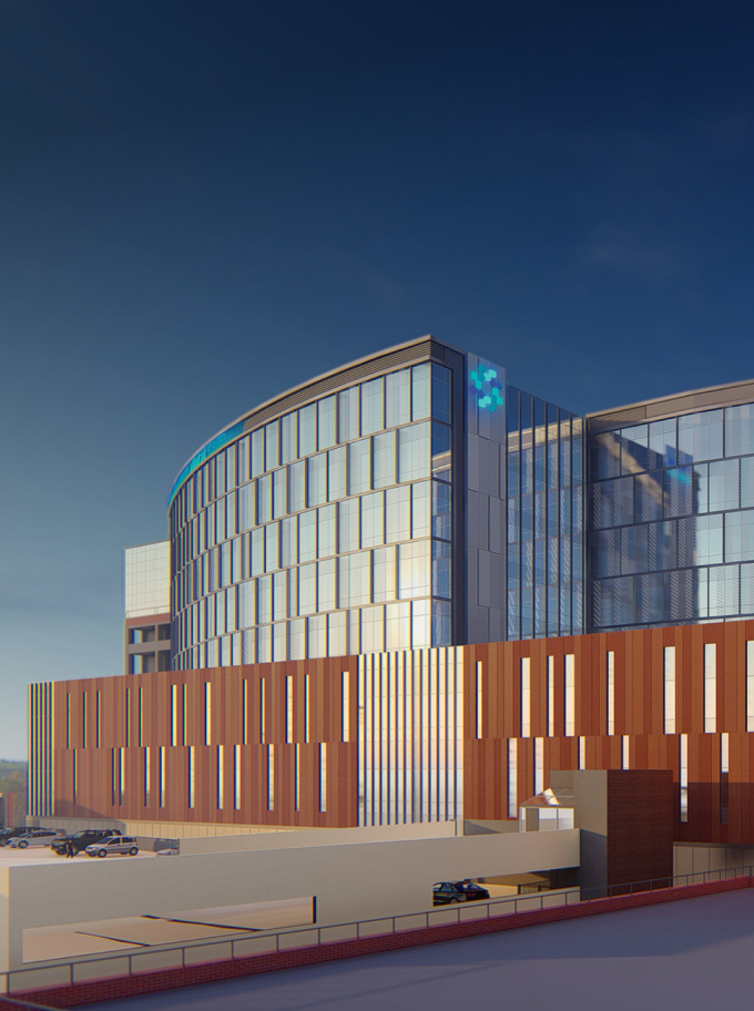 Modern architectural rendering of a curved glass and wood building with a parking area below.