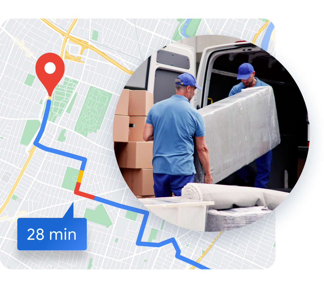 Two movers loading a van, overlaid on a city map with a 28-minute delivery route and a location pin.