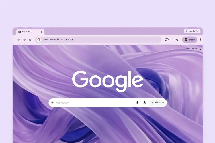 Google Chrome browser with purple abstract background, featuring search bar and AI Mode.