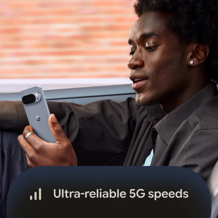 A man looking at his Google Pixel 10 Pro in Moonstone with an overlay at the bottom reading "Ultra-reliable 5G speeds" with a signal strength icon.
