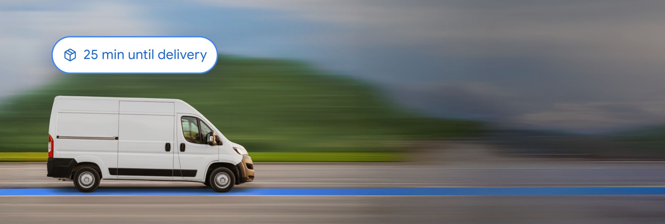 White delivery van speeding on a road with a "25 min until delivery" bubble and motion-blurred background.