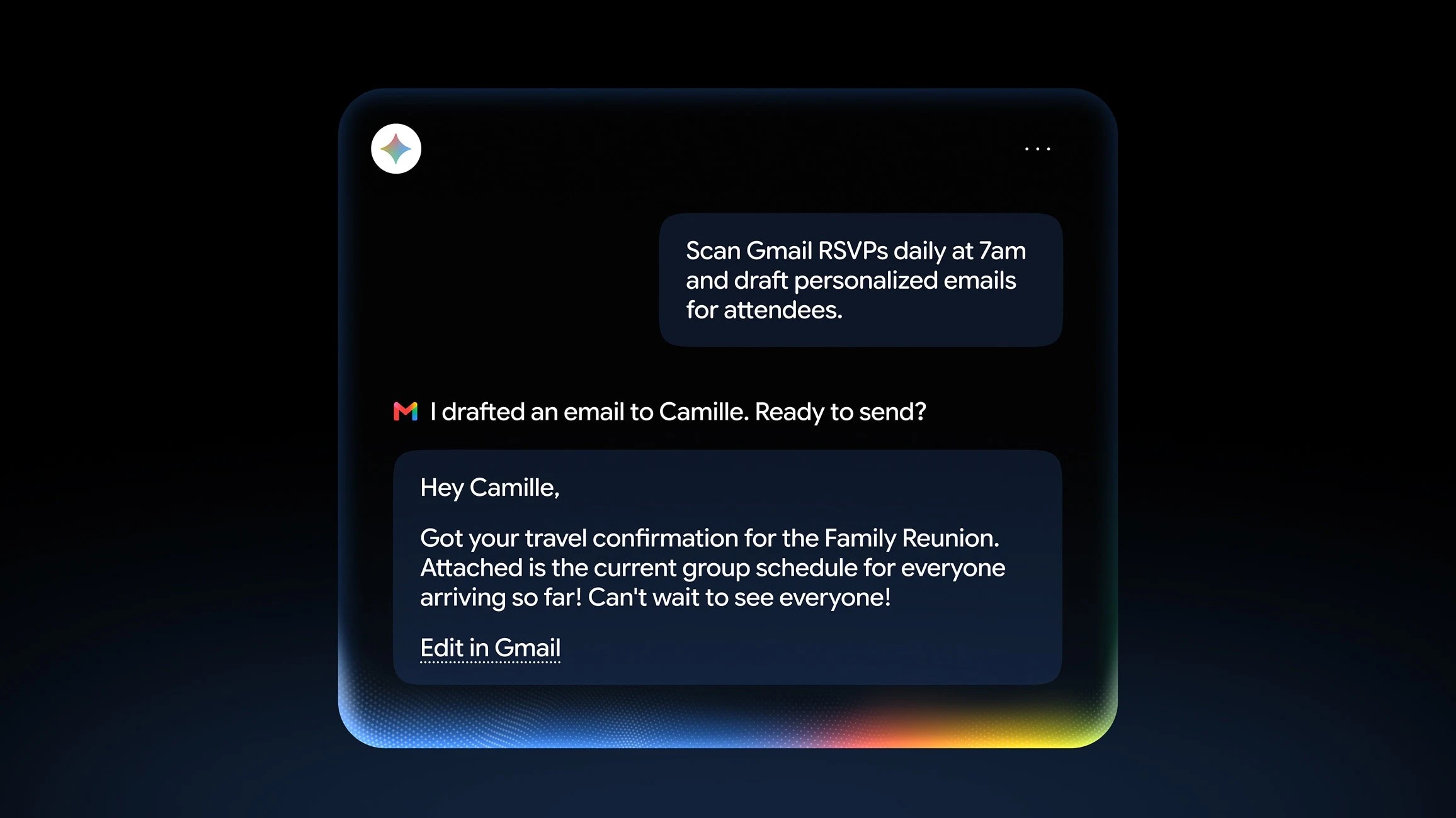 A Gemini assistant window displaying an automated request to scan RSVPs and a drafted email response.