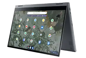 Open gray convertible laptop displaying a Chrome OS desktop with various app icons.