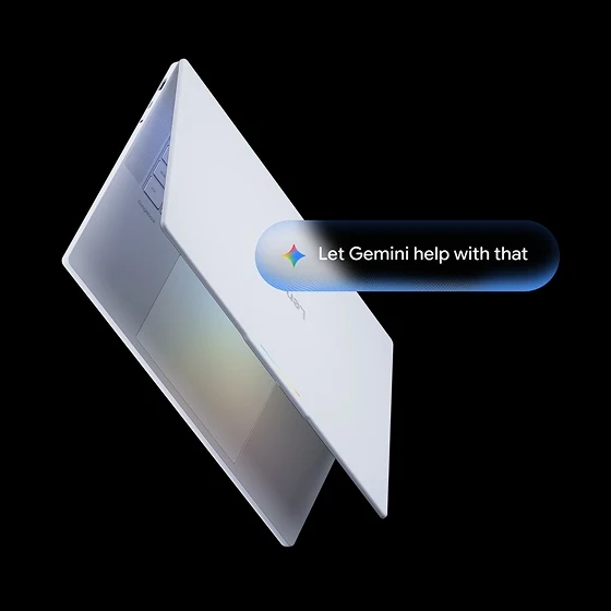 A partially open Lenovo laptop against a black background with a Gemini prompt overlay.
