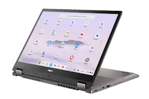 ASUS Chromebook Flip convertible laptop with apps displayed on its touchscreen.