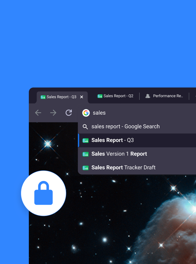 Google Chrome browser window displaying search results for sales reports, including Q3 and Version 1.