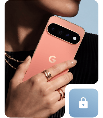 A person holding their Canyon Google Pixel 11 Pro close, with a lock icon in the corner.