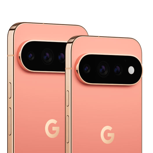 A back view of a Google Pixel 11 Pro and a Google Pixel 11 Pro XL in Canyon