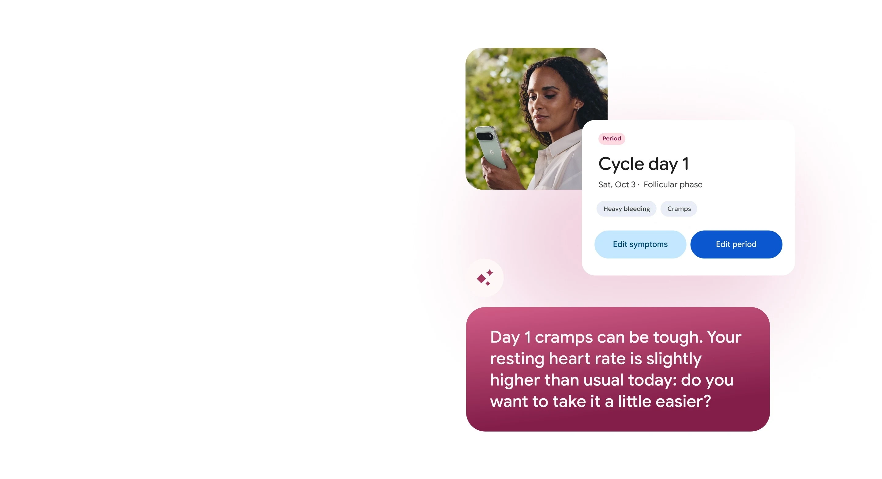 A chat with Google Health Coach about adjusting workouts due to low energy from menstruation