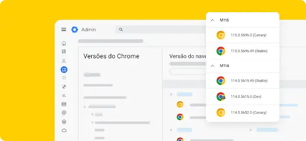 Painel de administração mostrando as versões M115 e M114 do navegador Chrome com os números de build Stable, Canary e Dev.