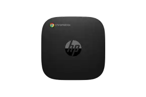 HP Chromebox G2 compact desktop computer with HP logo and Chromebox branding.