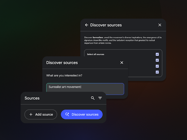 A layered UI showing the process of entering a research topic, "Surrealist art movement," into Gemini Notebook to generate a summary and a list of selectable reference sources.