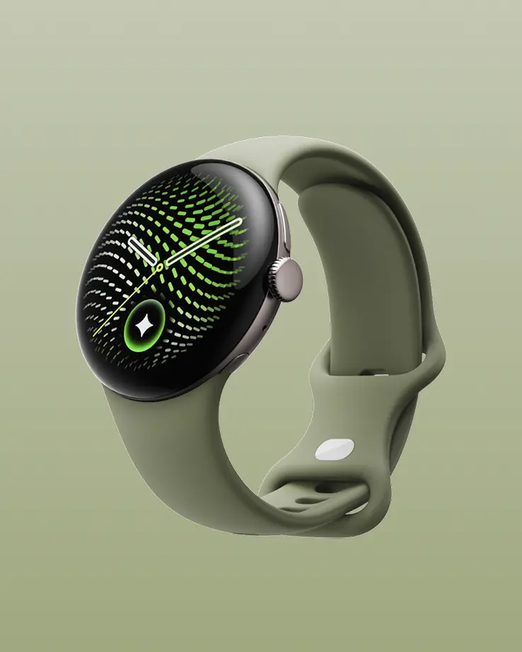 Pixel Watch with Moonstone wristband, at an upward angle