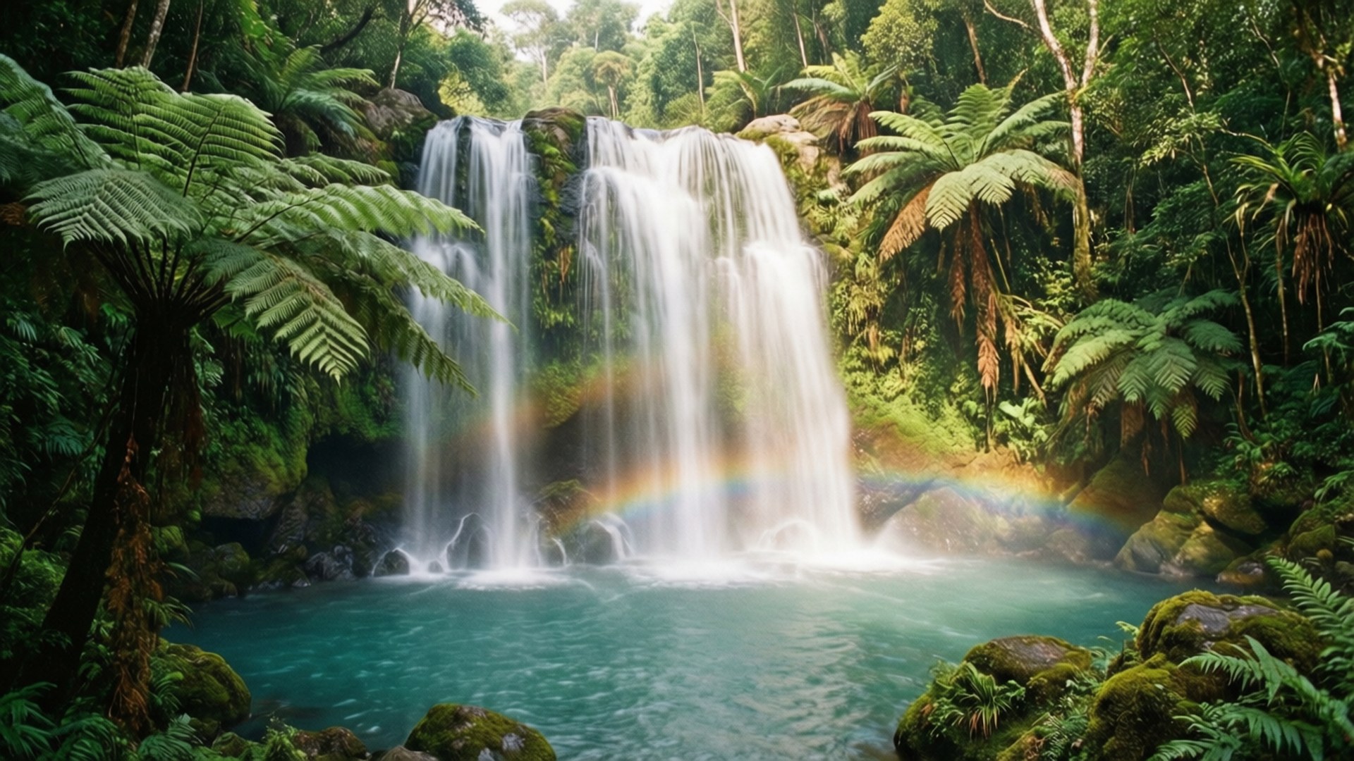 Hidden Waterfall Paradise Wallpaper — A vibrant waterfall cascades through lush green ferns creating a rainbow over turquoise water in a dense jungle.