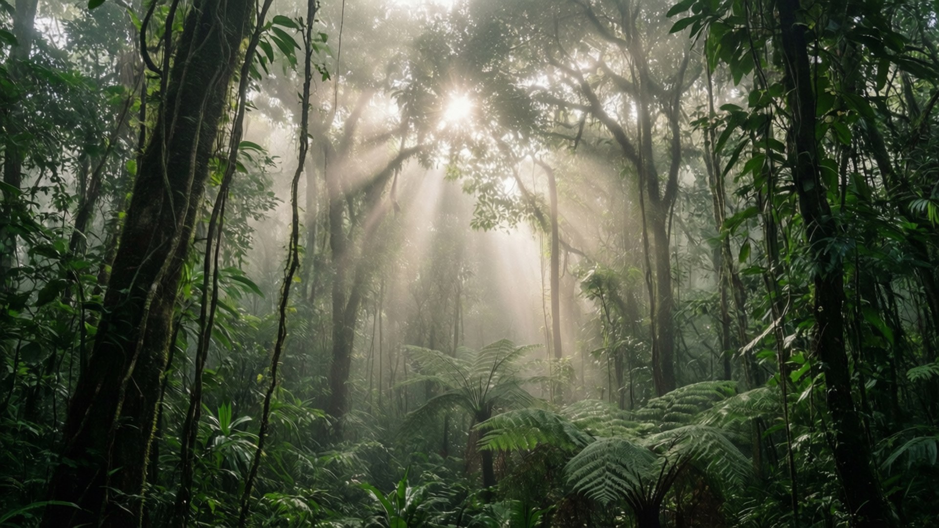 Misty Morning Canopy Wallpaper — Sunlight beams through dense jungle canopy illuminating misty ferns and towering trees in a serene tropical forest.