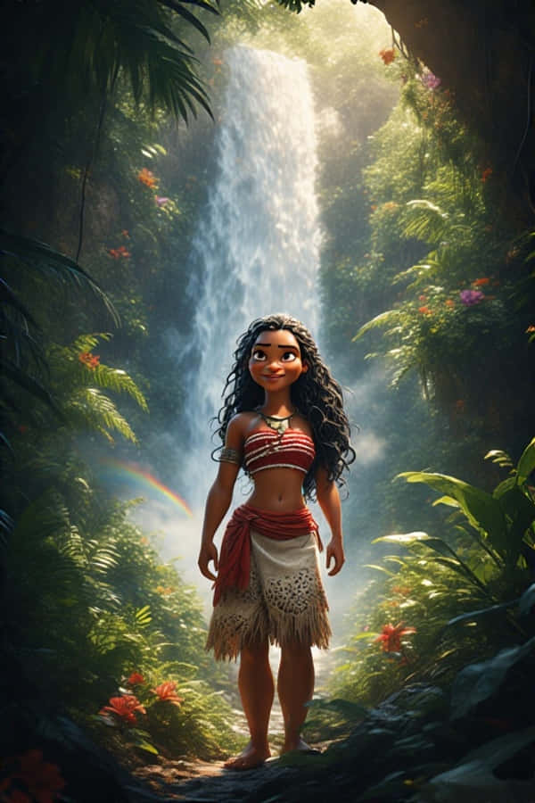 Realistic Moana in Tropical Rainforest Wallpaper — A young Polynesian girl stands before a cascading waterfall in a lush jungle with a rainbow arching through misty sunlight.