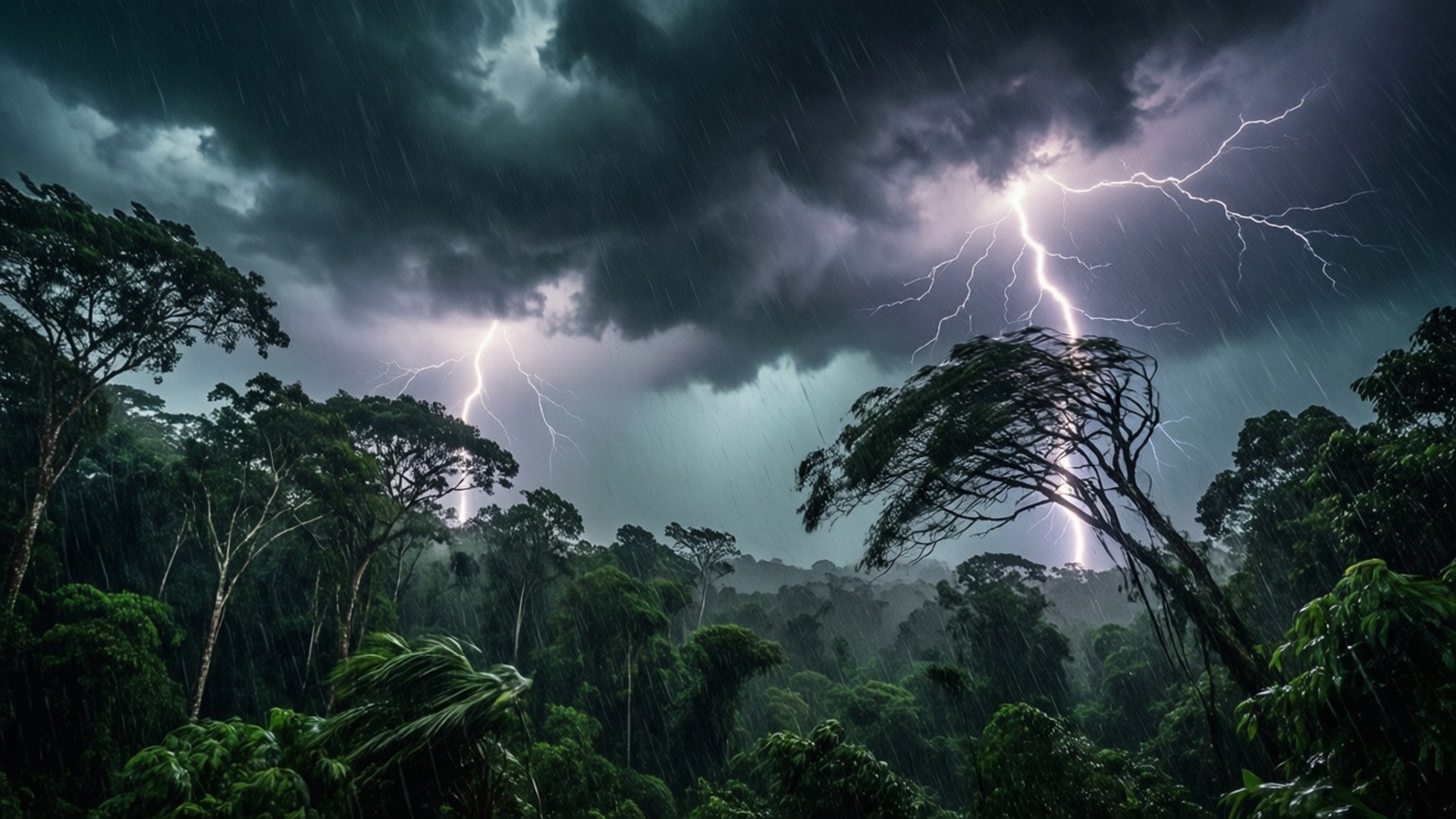 Tempest Over the Jungle Wallpaper — Thunderous lightning splits a stormy sky over a dense rainforest as rain pours down on towering trees.