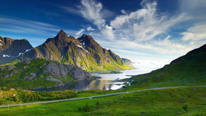 En naturskjønn fjellfjord med en svingete vei gjennom frodige grønne åser under en klar blå himmel. — Natur Bakgrunner