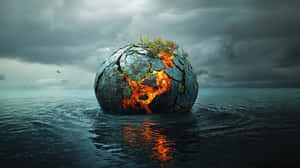 Cracked planet half-submerged in water with glowing lava and storm clouds. — Fantasy Wallpaper