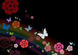A rainbow with flowers and butterflies on a black background. — Flowers PNG