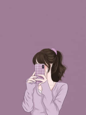 En jente med brunt hår i en hestehale tar en selfie med en lilla rutete telefon. — Anime Jente Bakgrunner