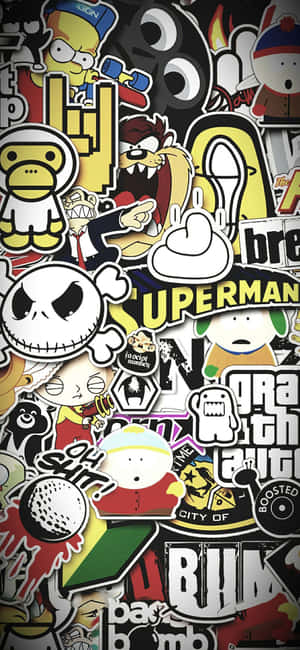 Papel de parede coberto com adesivos de desenhos animados sobrepostos, incluindo Jack Skellington e personagens do South Park. — CMF Phone 2 Pro Papéis de Parede
