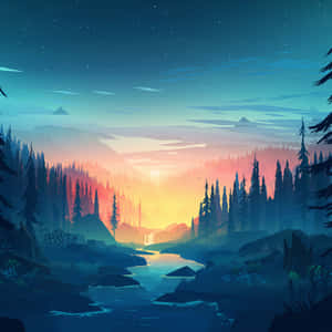 A glowing river flows through a pine forest at twilight under a starry sky. — Art Picture