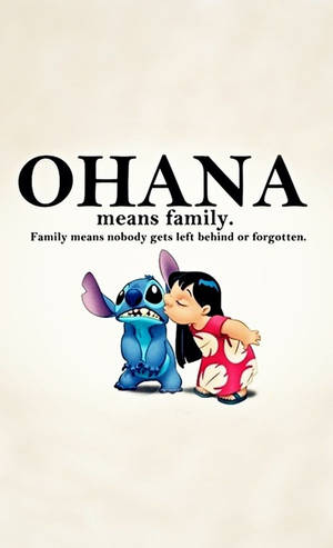 Lilo kisses Stitch with text 'Ohana means family' emphasizing family bonds. — Stitch Background