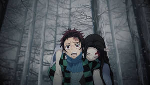 Two anime characters in a snowy forest, one carrying the other who is injured and bleeding.