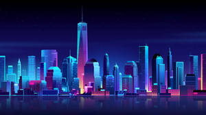 Neonstadssilhuett på natten med skyskrapor reflekterade i vatten. — New York City Bakgrundsbilder