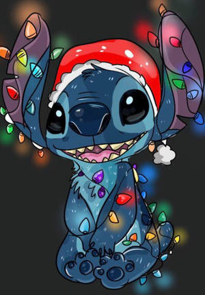 Blue alien character wearing Santa hat and surrounded by colorful Christmas lights. — Stitch Background