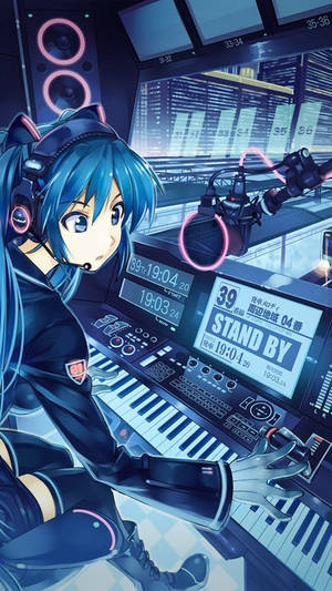 Anime girl in a futuristic music studio with glowing equipment and screens. — Dj Picture
