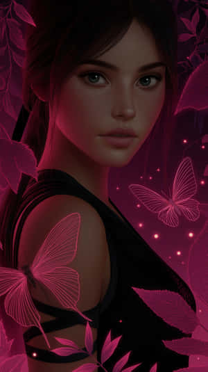 A woman surrounded by glowing pink butterflies and leaves in a magical setting. — Fantasy Wallpaper