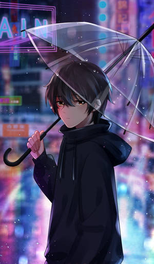 Anime-gutt holder gjennomsiktig paraply i regnfull neonby om natten. — Tegneserie Bakgrunner